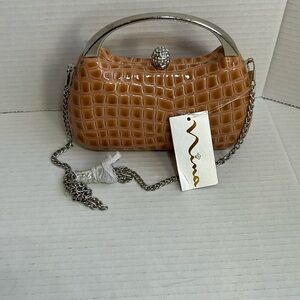 Nina Dark Latte Croc Embossed Clutch with Rhinestone Clasp